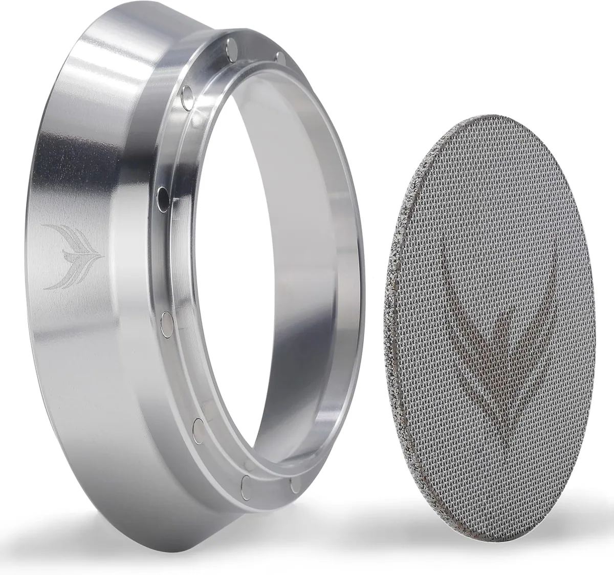 A machined aluminium dosing ring beside an etched steel puck screen