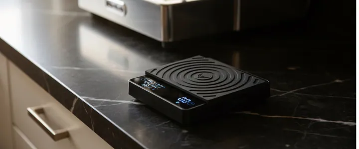 Smart coffee scale on a dark marble worktop