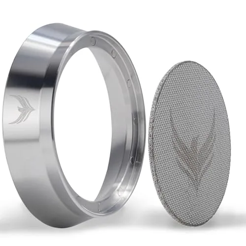 58mm Stainless Steel Dosing Funnel and Espresso Puck, product photograph