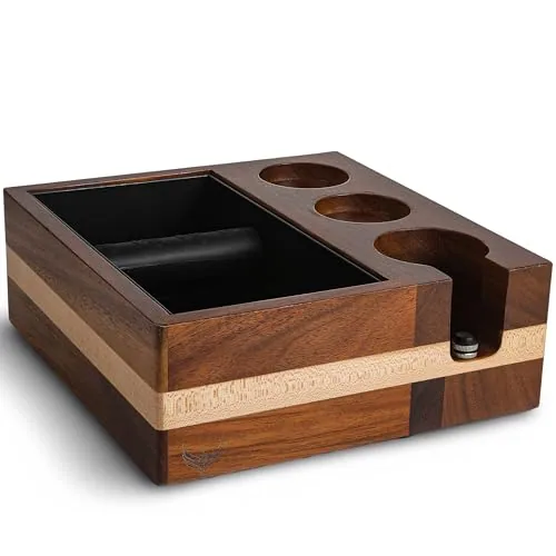 51mm Walnut Espresso Knock Box and Tamping Station, product photograph
