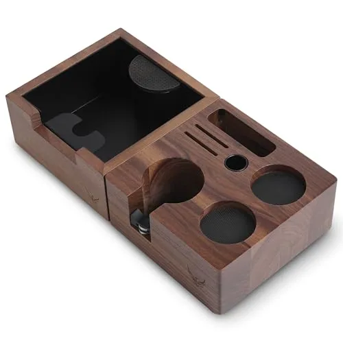 58mm Walnut Espresso Tamping Kit Tamper Station and Knock Box, product photograph